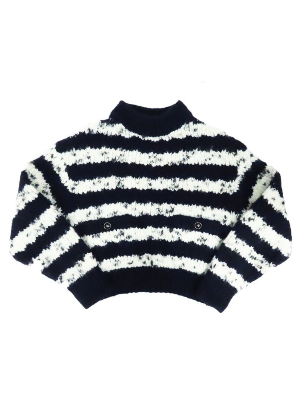 Chanel 21B Border Knit Ecru Navy Blue Cashmere Wool Alpaca Pullover Sweater Top